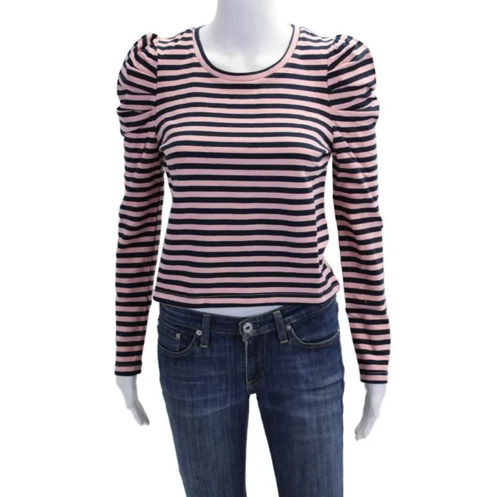 Rebecca Minkoff Womens Cropped Talia Striped Sweatshirt Pink Navy Cotton Size XS